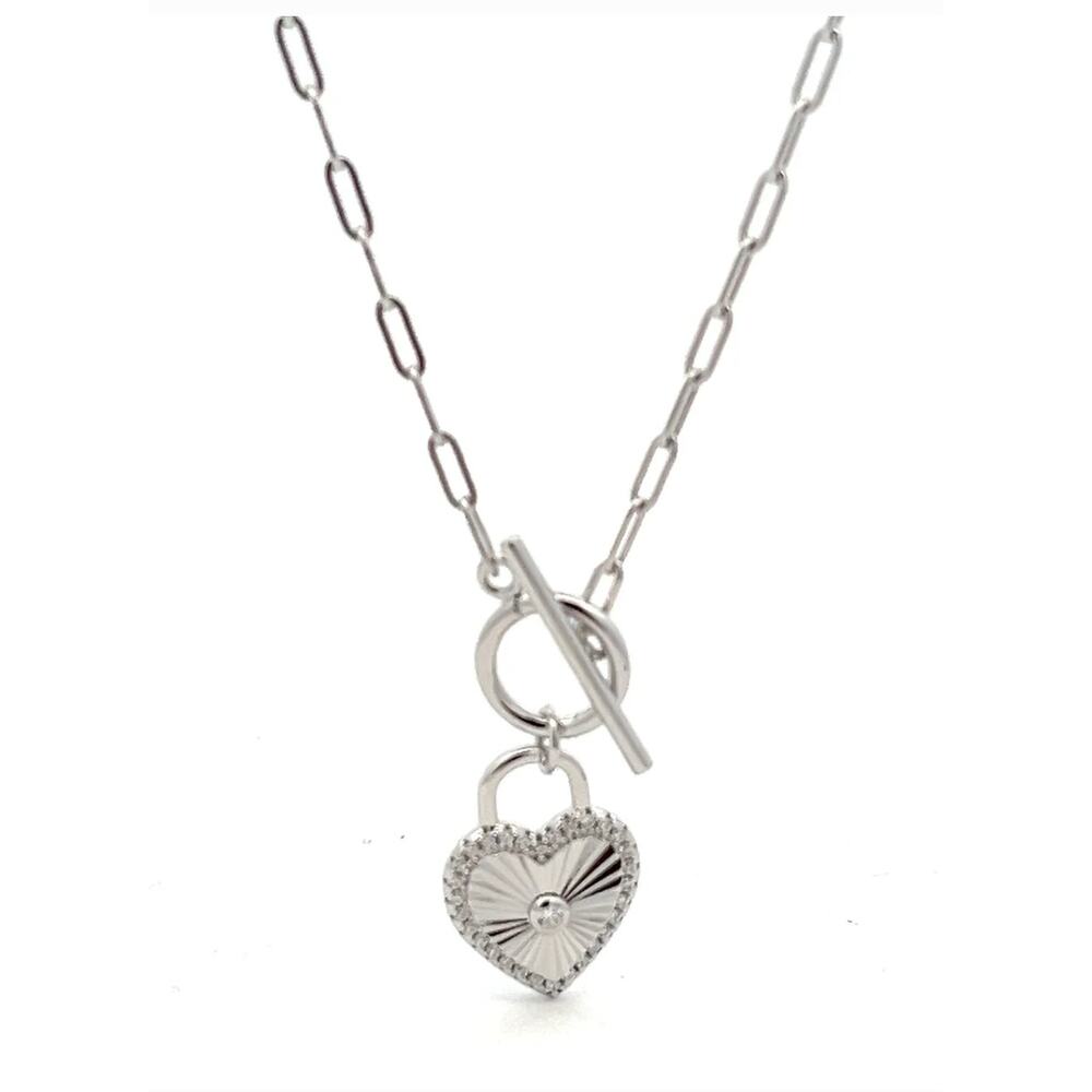 Locked Heart paper clip chain Silver Necklace